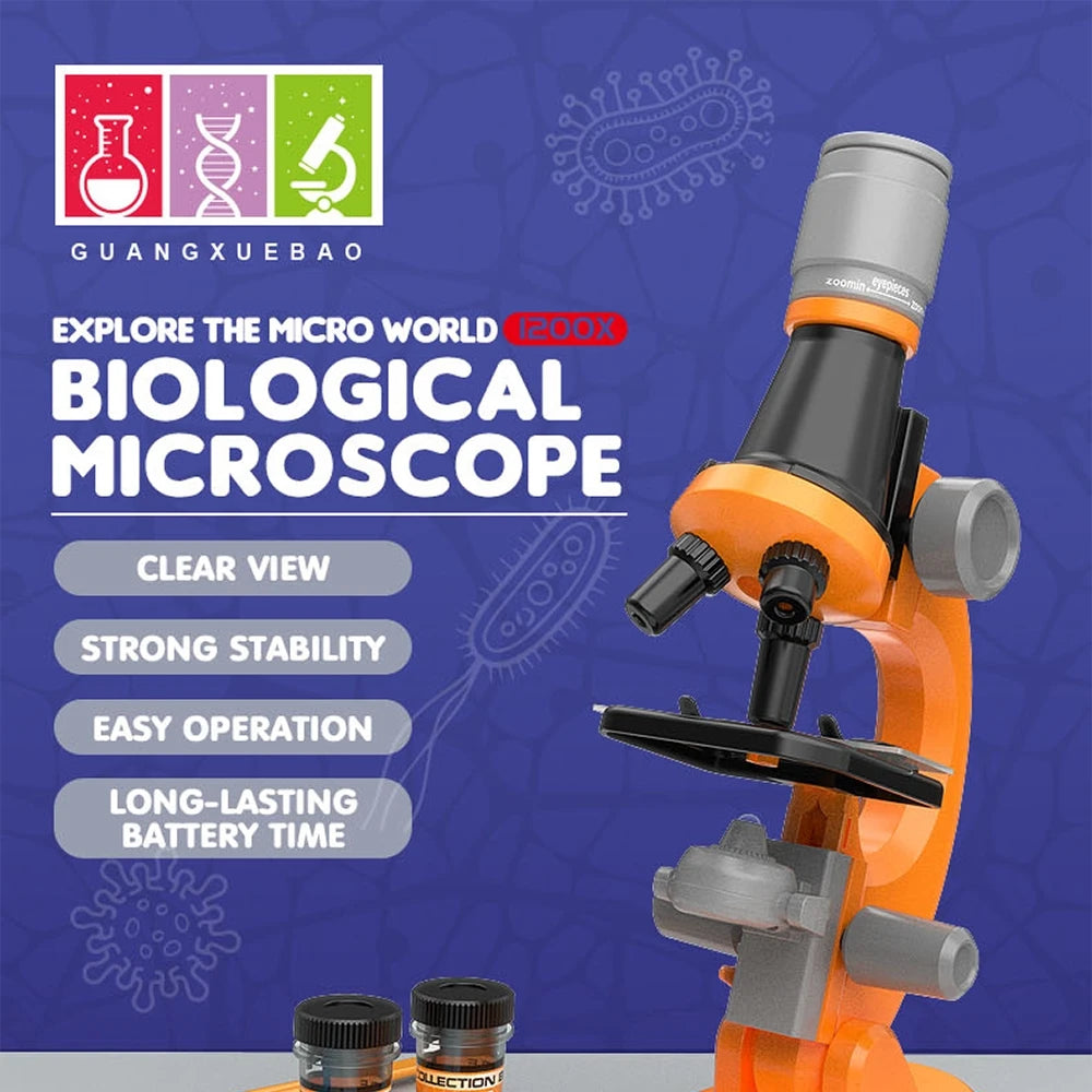 Zoom Children Microscope Biology Lab LED 1200x School Science Experiment Kit Education Scientific Toys Gifts For Kids Scientist