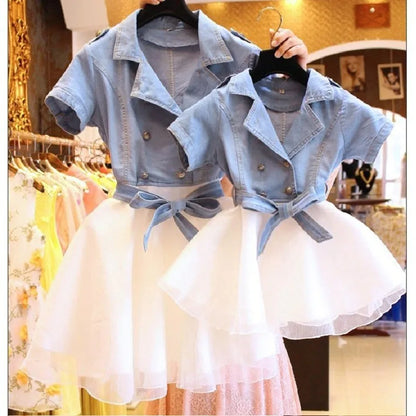 Mother Daughter Dresses Summer Short Sleeved Family Matching Clothes Mom Daughter Dress Family denim Clothing 3-7T Kids clothes