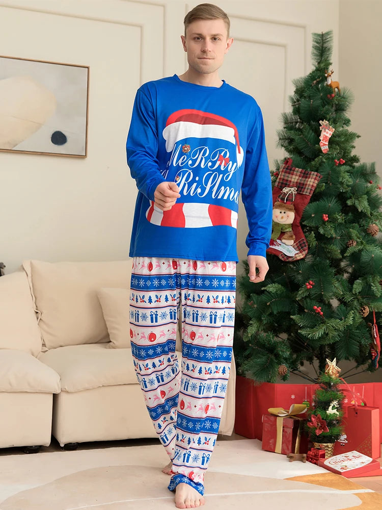 Blue Christmas Family Matching Pajamas Set Mother Father Kids christmas hat Print Clothes Baby Rompers Family Look Xmas Gift