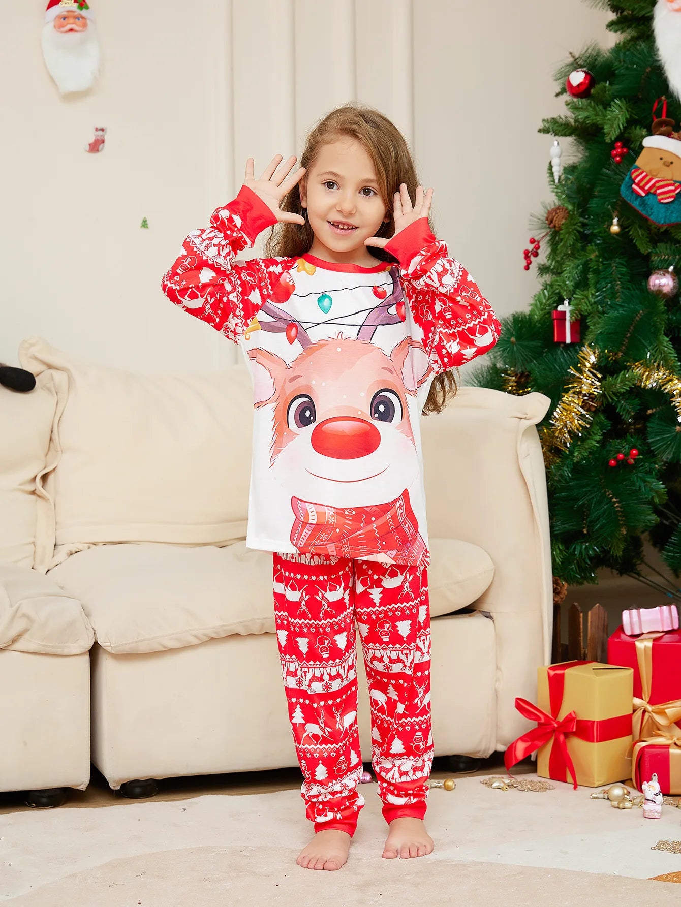 Family Xmas Pajamas Matching Set 2024 New Year Fashion Red Cartoon Christmas Deer Print Adult Kids Pj's Baby Romper Dog Clothes