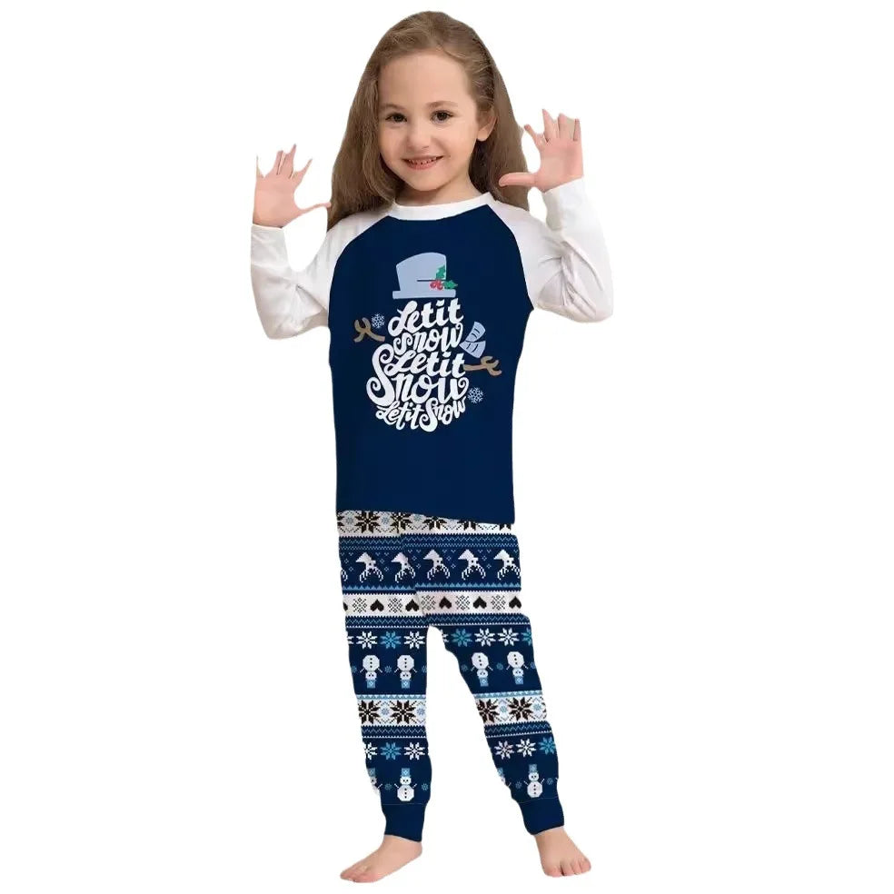 New blue cartoon letter printing family Christmas set European and American family holiday home wear pajamas