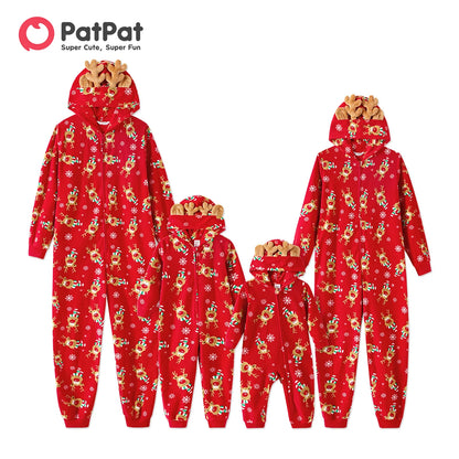 PatPat Christmas Family Matching Allover Deer Print 3D Antler Hooded Long-sleeve Red Thickened Polar Fleece Onesies Pajamas