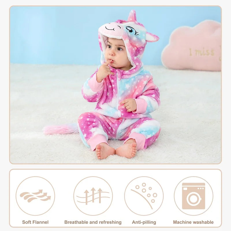 MICHLEY Baby Rompers Winter Clothes Costume Flannel Hooded Bodysuits Pajamas Halloween Animals Overall Jumpsuit For Kids Bebe