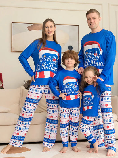 Blue Christmas Family Matching Pajamas Set Mother Father Kids christmas hat Print Clothes Baby Rompers Family Look Xmas Gift