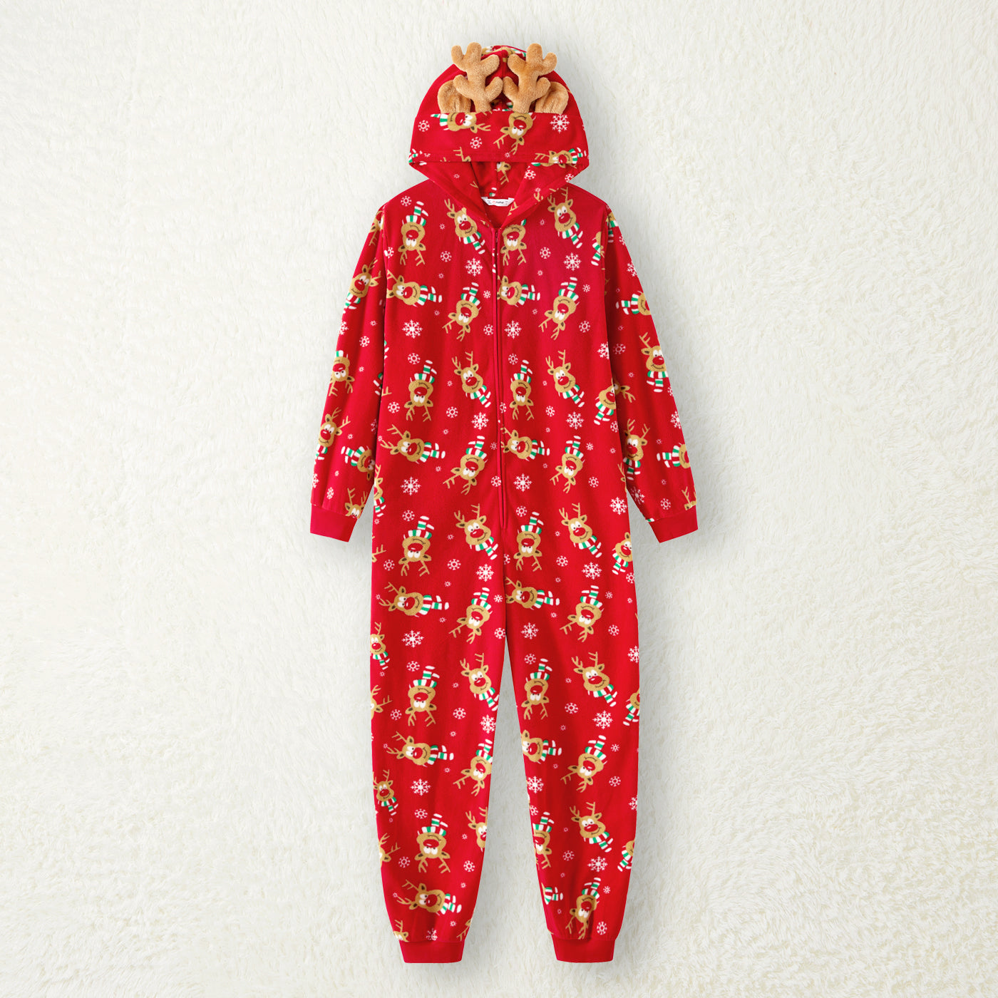 PatPat Christmas Family Matching Allover Deer Print 3D Antler Hooded Long-sleeve Red Thickened Polar Fleece Onesies Pajamas