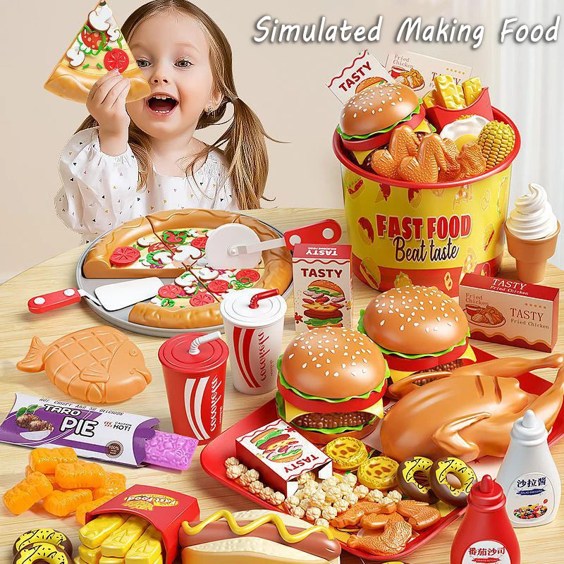 Kid Kitchen Toy Set Simulation Make Hamburger Pizza Fries Pretend Play Food Cooking Cutting Game Montessori Interactive Toy Gift