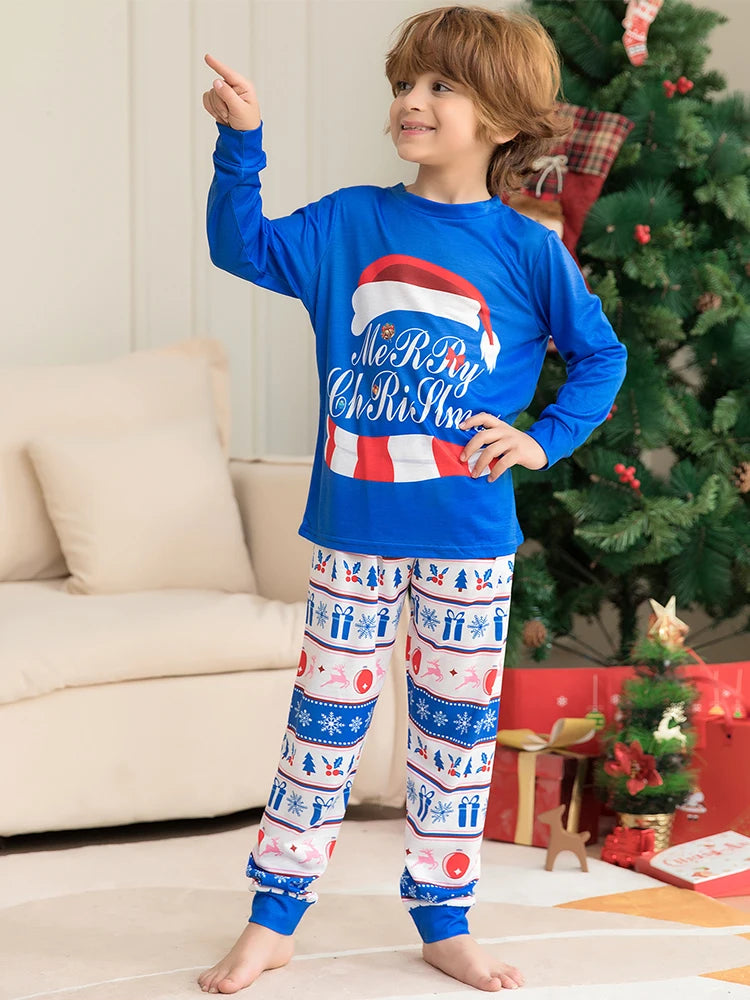 Blue Christmas Family Matching Pajamas Set Mother Father Kids christmas hat Print Clothes Baby Rompers Family Look Xmas Gift