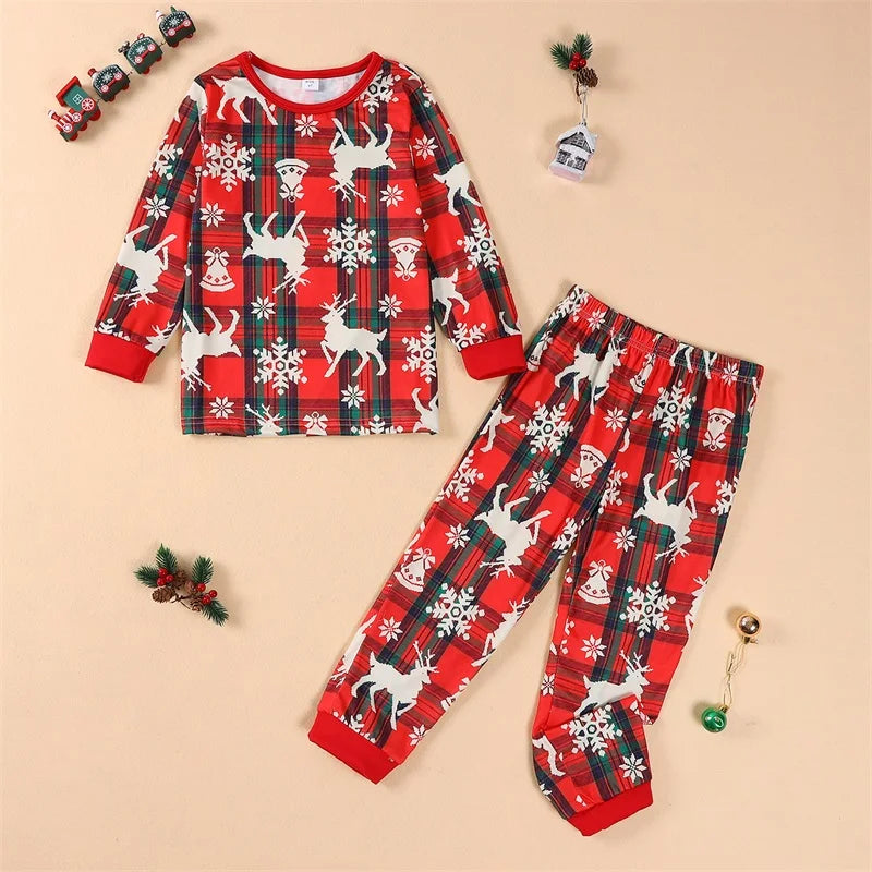 Christmas Family Matching Pajamas Baby Romper Reindeer Snowflake Plaid Print Long Sleeve Tops Long Pants Sleepwear Set