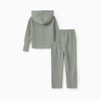 PatPat Family Matching Two-Piece Ribbed Knit Grayish Green Hooded Outfits with Drawstring