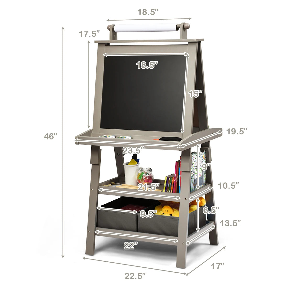 3 in 1 Double-Sided Storage Art Easel w/ Paint Cups for Kids Writing Earl Grey