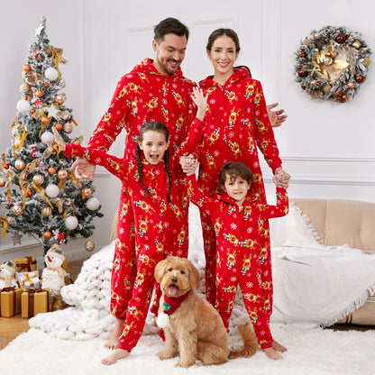 PatPat Christmas Family Matching Allover Deer Print 3D Antler Hooded Long-sleeve Red Thickened Polar Fleece Onesies Pajamas