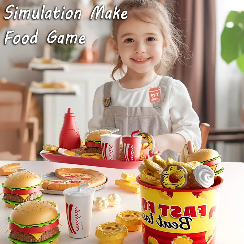 Kid Kitchen Toy Set Simulation Make Hamburger Pizza Fries Pretend Play Food Cooking Cutting Game Montessori Interactive Toy Gift