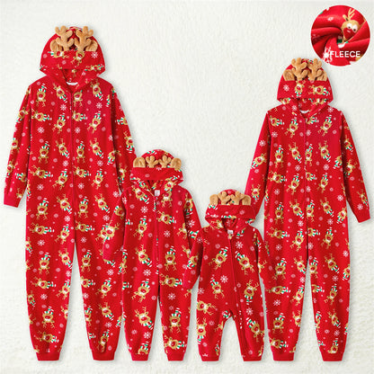 PatPat Christmas Family Matching Allover Deer Print 3D Antler Hooded Long-sleeve Red Thickened Polar Fleece Onesies Pajamas