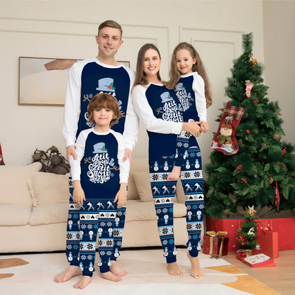 New blue cartoon letter printing family Christmas set European and American family holiday home wear pajamas