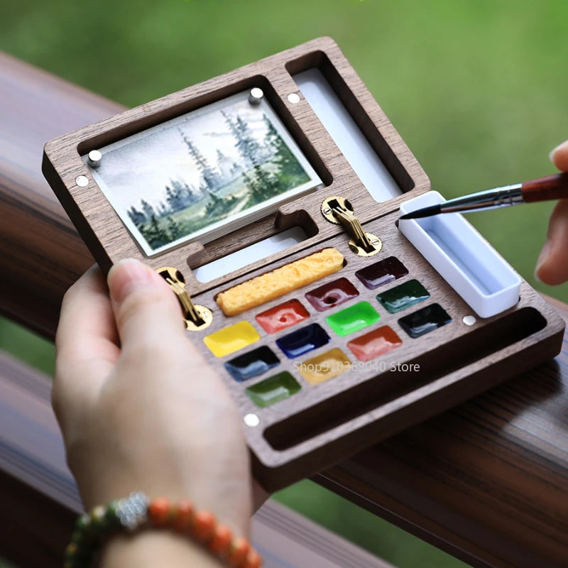 Empty Portable Watercolor Palette Set Walnut Magnetic Paint Box Travel Painting Sketching Portable Paint Tray Art Supplies