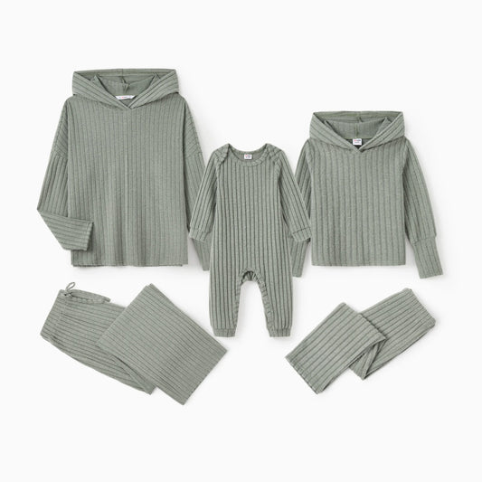 PatPat Family Matching Two-Piece Ribbed Knit Grayish Green Hooded Outfits with Drawstring