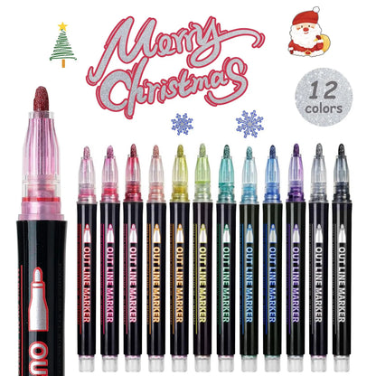 12 Colors Metallic Double Line Glitter Pens Set Christmas Gift Cool Fun Fancy Self Sparkly Supplies Art Craft Girl