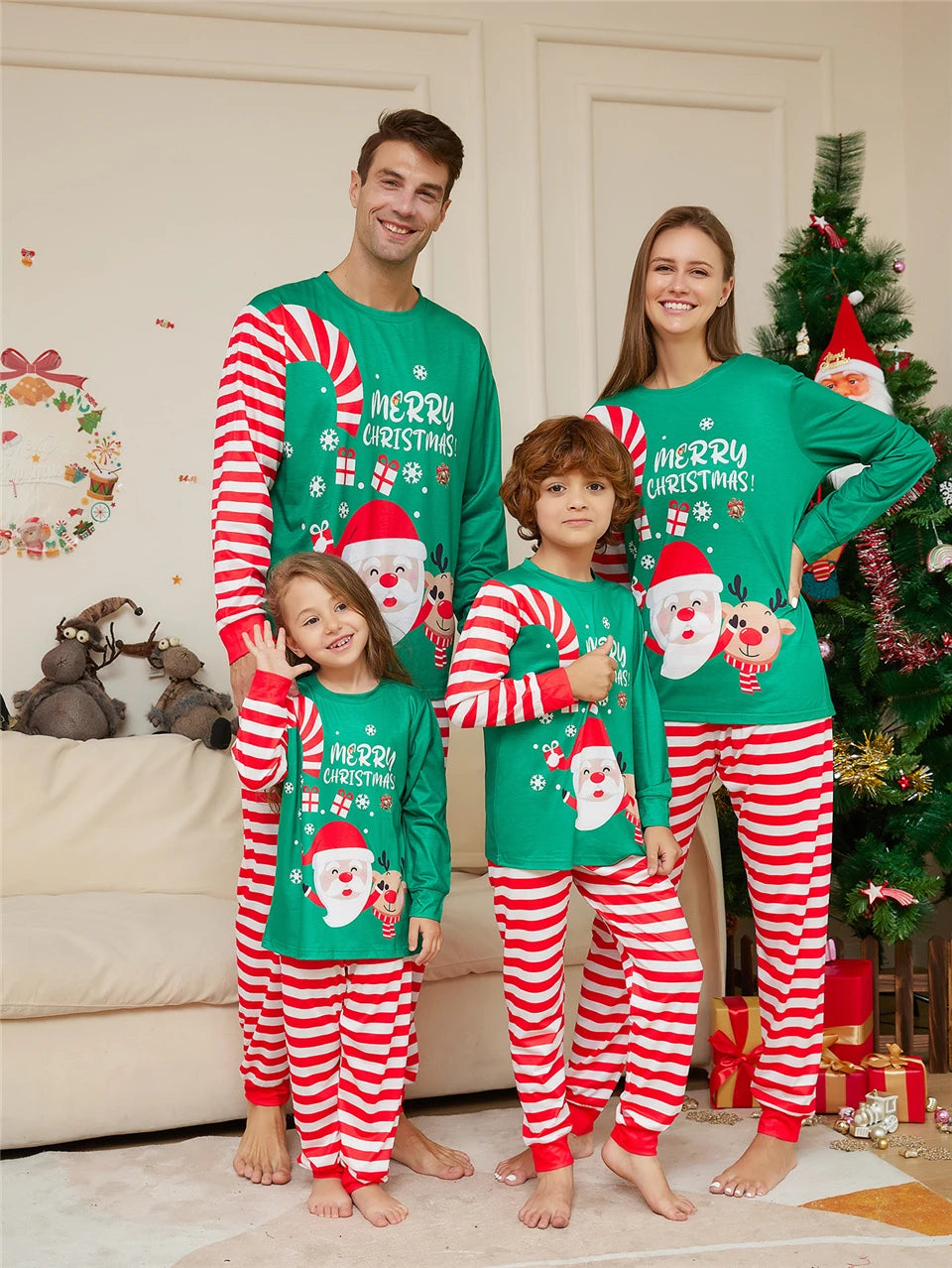 Christmas Father Son Mom Daughter Matching Pajamas Set Santa Claus Red Striped Long Sleeve Sleepwear Baby Jumpsuit Family Look