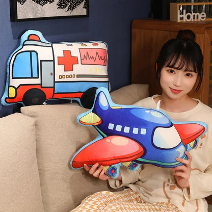 Cartoon Police Car Fire Truck Excavator Plush Toys Stuffed Doll Hug Pillows Chair Cushion Kids Children Boys Gifts Room Decor