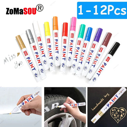 1-12Pcs White Permanent Paint Pen Colorful Tire Markers Rubber Car Tyre Tread Markers Pens Quick Dry Waterproof for Metal Rocks