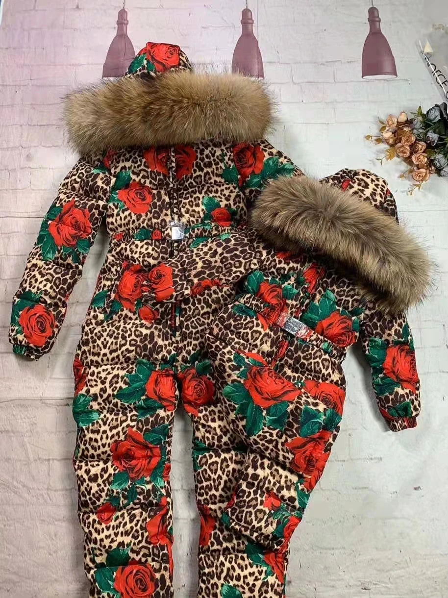 Family sets 2022 winter Outwear suit Family set monther and child raccoon fur hooded jumpsuit Women down suits outdoor ski suit2