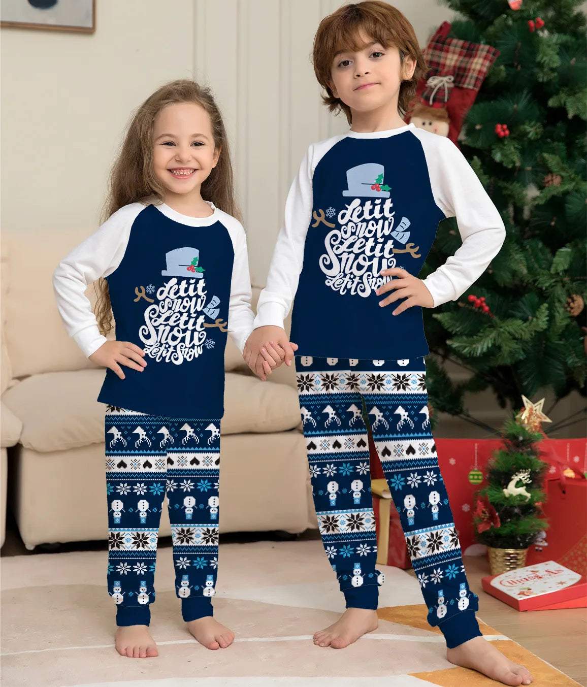 New blue cartoon letter printing family Christmas set European and American family holiday home wear pajamas