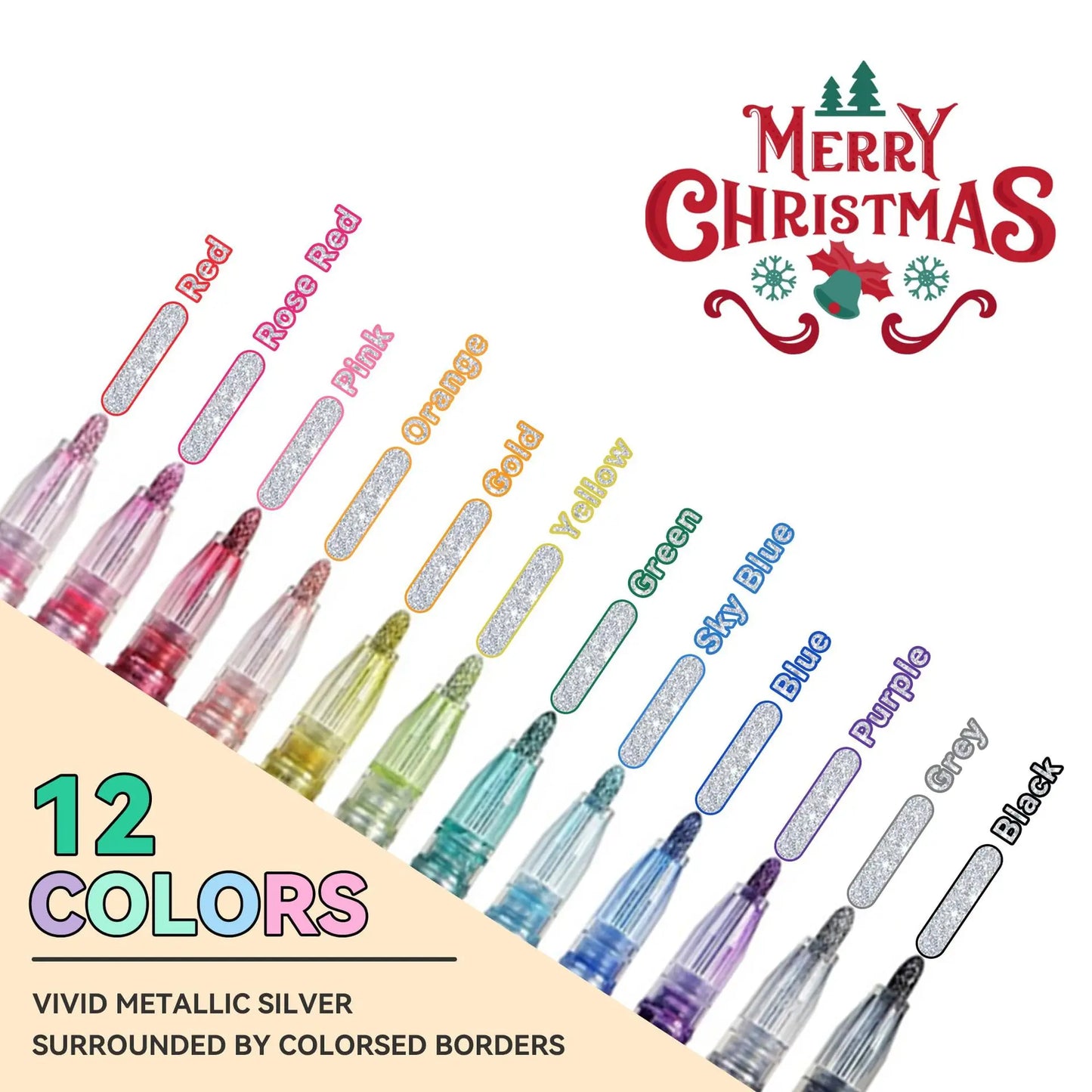 12 Colors Metallic Double Line Glitter Pens Set Christmas Gift Cool Fun Fancy Self Sparkly Supplies Art Craft Girl