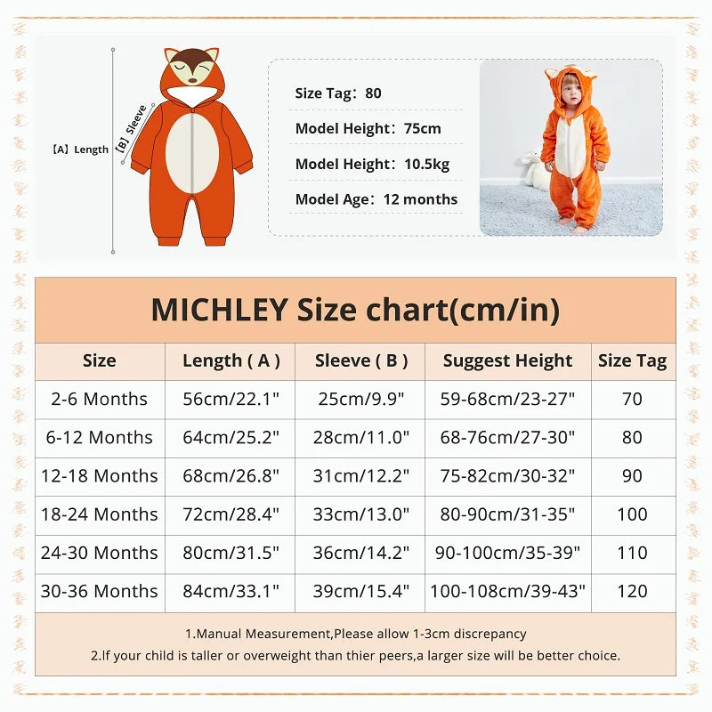 MICHLEY Baby Rompers Winter Clothes Costume Flannel Hooded Bodysuits Pajamas Halloween Animals Overall Jumpsuit For Kids Bebe