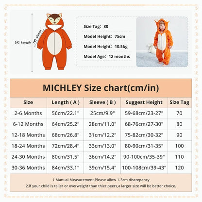 MICHLEY Baby Rompers Winter Clothes Costume Flannel Hooded Bodysuits Pajamas Halloween Animals Overall Jumpsuit For Kids Bebe