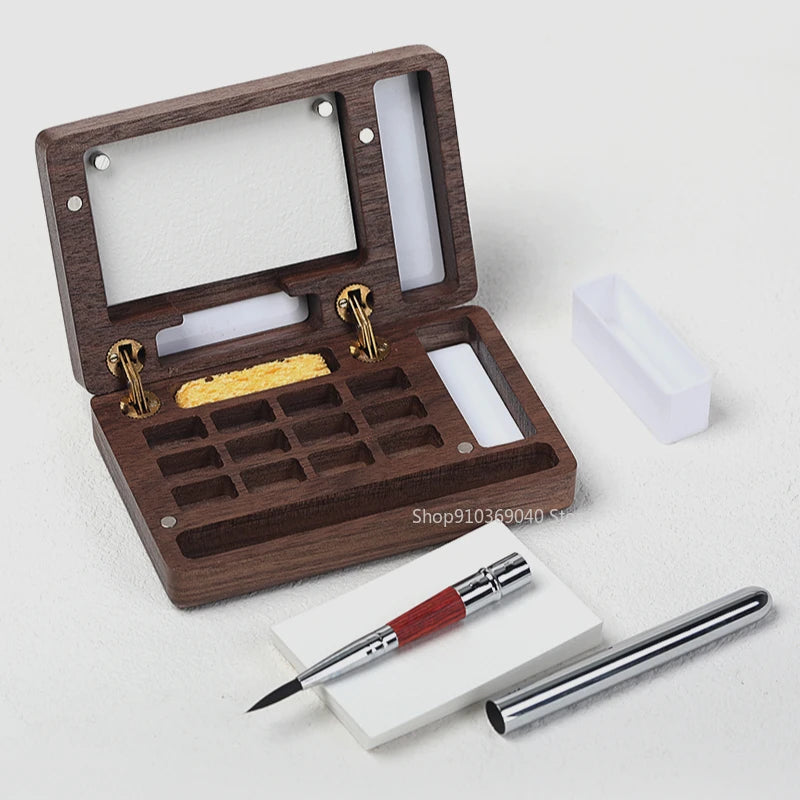 Empty Portable Watercolor Palette Set Walnut Magnetic Paint Box Travel Painting Sketching Portable Paint Tray Art Supplies