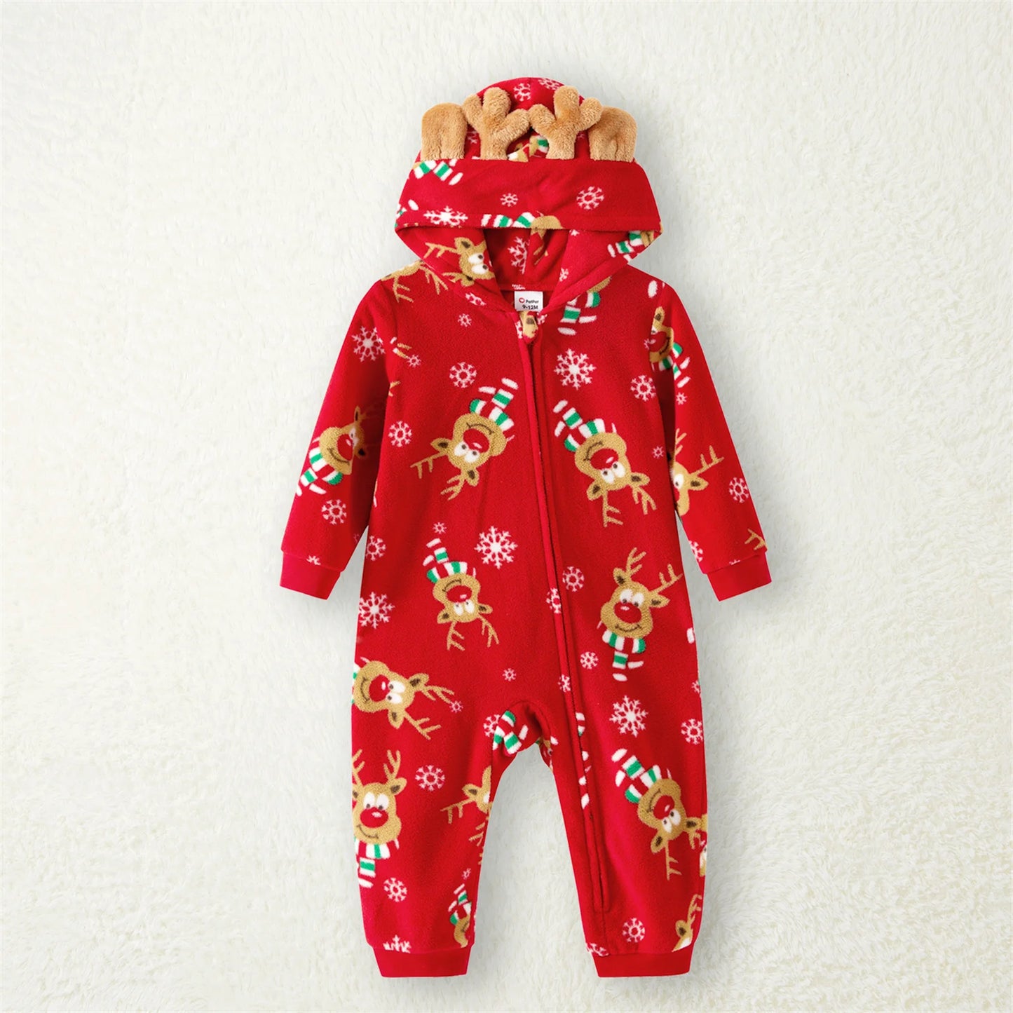 PatPat Christmas Family Matching Allover Deer Print 3D Antler Hooded Long-sleeve Red Thickened Polar Fleece Onesies Pajamas