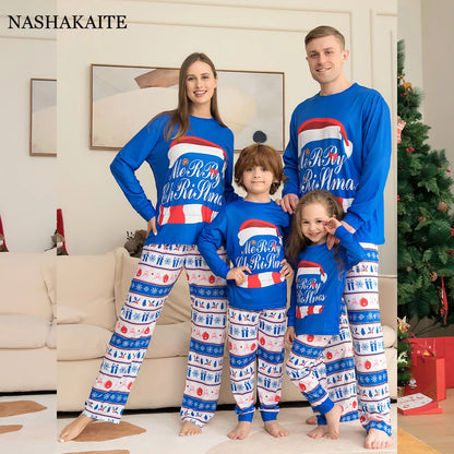 Blue Christmas Family Matching Pajamas Set Mother Father Kids christmas hat Print Clothes Baby Rompers Family Look Xmas Gift