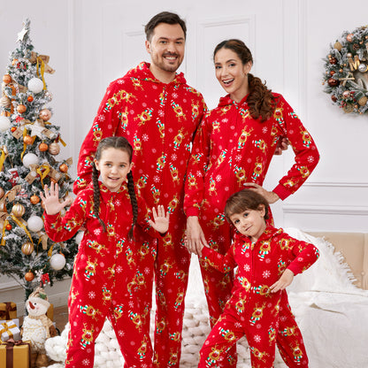 PatPat Christmas Family Matching Allover Deer Print 3D Antler Hooded Long-sleeve Red Thickened Polar Fleece Onesies Pajamas