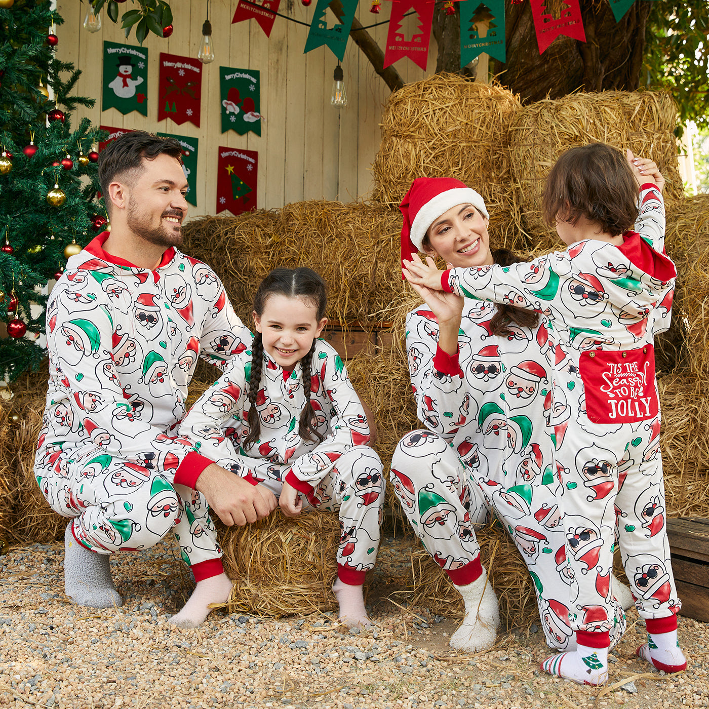 PatPat Christmas Family Matching Allover Santa Claus Print Long-sleeve Hooded Zipper Onesies Pajamas (Flame Resistant)