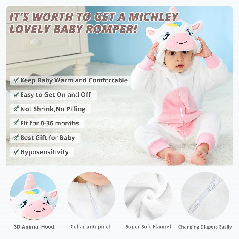 MICHLEY Baby Rompers Winter Clothes Costume Flannel Hooded Bodysuits Pajamas Halloween Animals Overall Jumpsuit For Kids Bebe