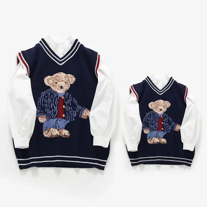 2024 Family Matching Sweater For Kids Autumn Parent-Child Vest Bear Knit Top Knitted Dad Mom And Son Daughter Sweaters Cardigan