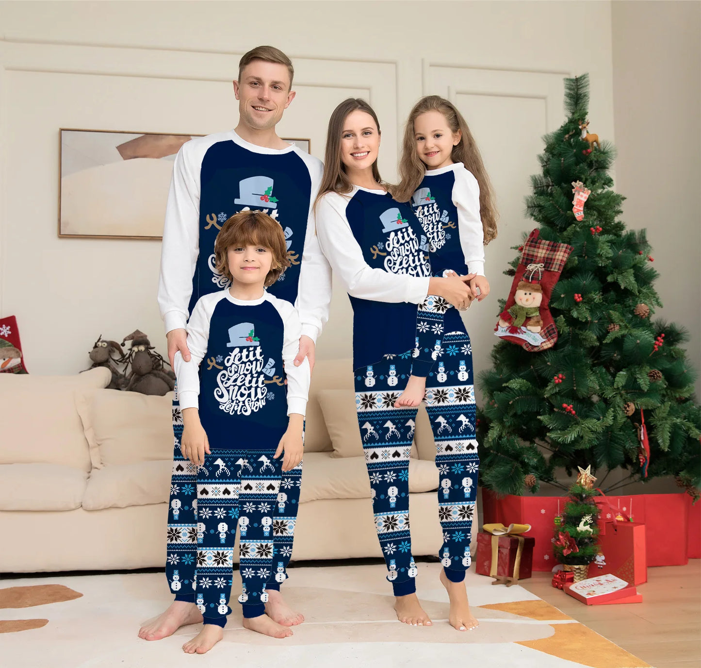 New blue cartoon letter printing family Christmas set European and American family holiday home wear pajamas