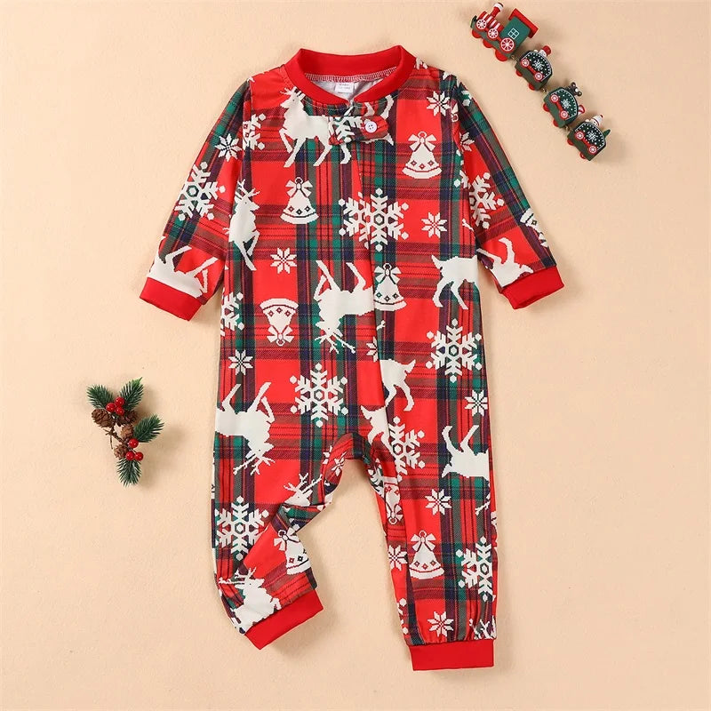 Christmas Family Matching Pajamas Baby Romper Reindeer Snowflake Plaid Print Long Sleeve Tops Long Pants Sleepwear Set