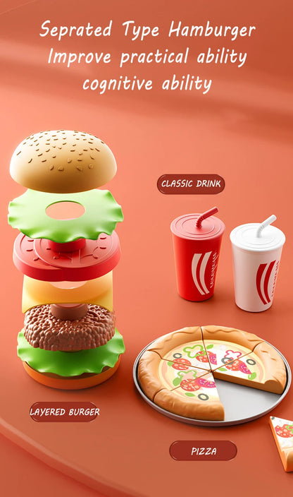 Kid Kitchen Toy Set Simulation Make Hamburger Pizza Fries Pretend Play Food Cooking Cutting Game Montessori Interactive Toy Gift