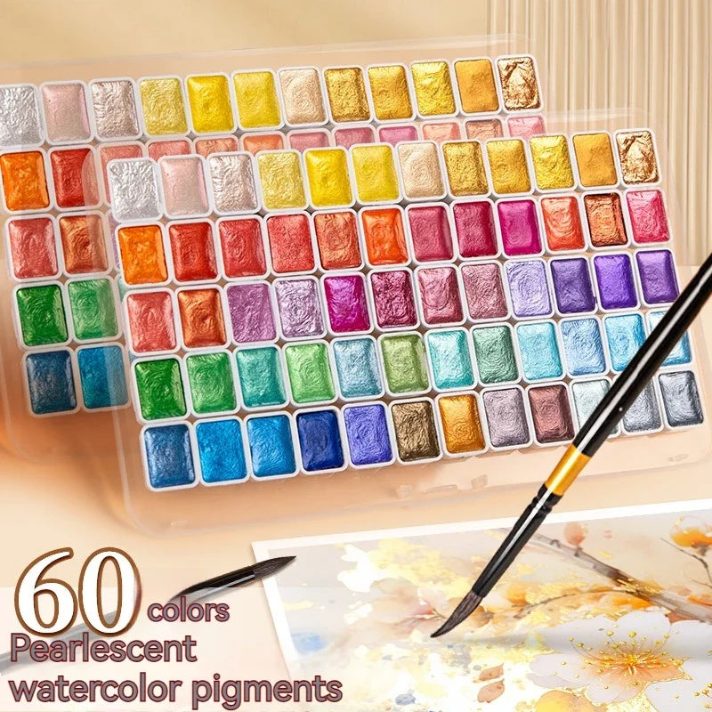 Solid Watercolor Paint Set Watercolor Paper Supplies Travel Metallic Watercolor Pigment for Beginner Art Drawing Painting Tool