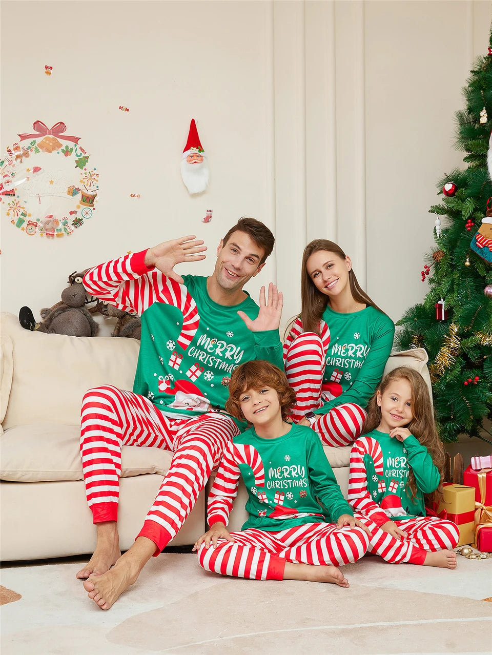 Christmas Father Son Mom Daughter Matching Pajamas Set Santa Claus Red Striped Long Sleeve Sleepwear Baby Jumpsuit Family Look