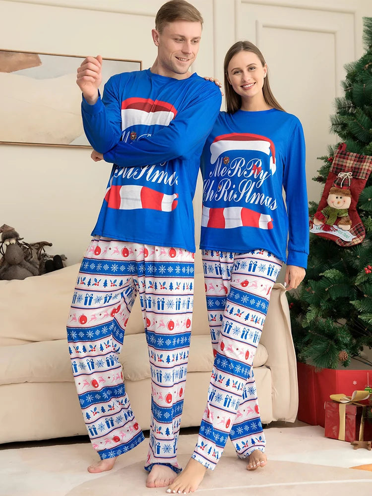 Blue Christmas Family Matching Pajamas Set Mother Father Kids christmas hat Print Clothes Baby Rompers Family Look Xmas Gift