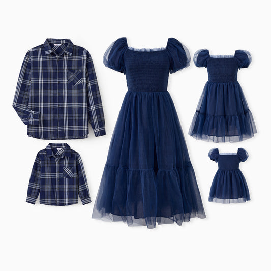 PatPat Family Matching Sets Plaid Long Sleeves Shirt or Elegant Shirred Bodice Puff Sleeves Tulle Mesh Dress