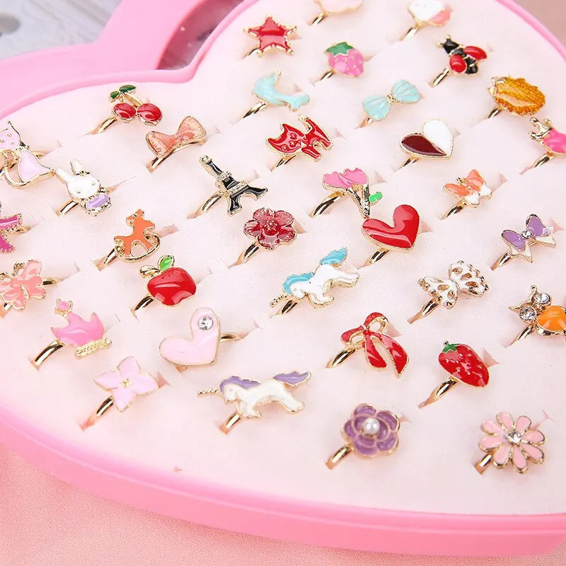 Cute Adjustable Rings for Children Girls Pretend Play Makeup Toys Cartoon Crystal Jewelry Alloy Animal Enamel Ring Gift for Girl