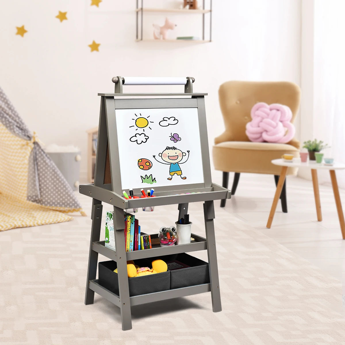 3 in 1 Double-Sided Storage Art Easel w/ Paint Cups for Kids Writing Earl Grey