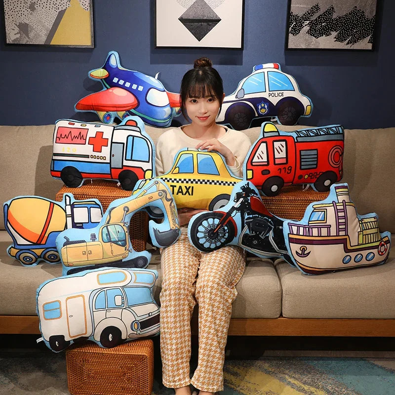 Cartoon Police Car Fire Truck Excavator Plush Toys Stuffed Doll Hug Pillows Chair Cushion Kids Children Boys Gifts Room Decor