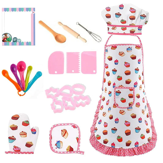 Apron for Little Girls 4/11Pcs Kids Kitchen Cooking Baking Pretend Play Set Simulation Pink Chef Baking Tool Play House Toys