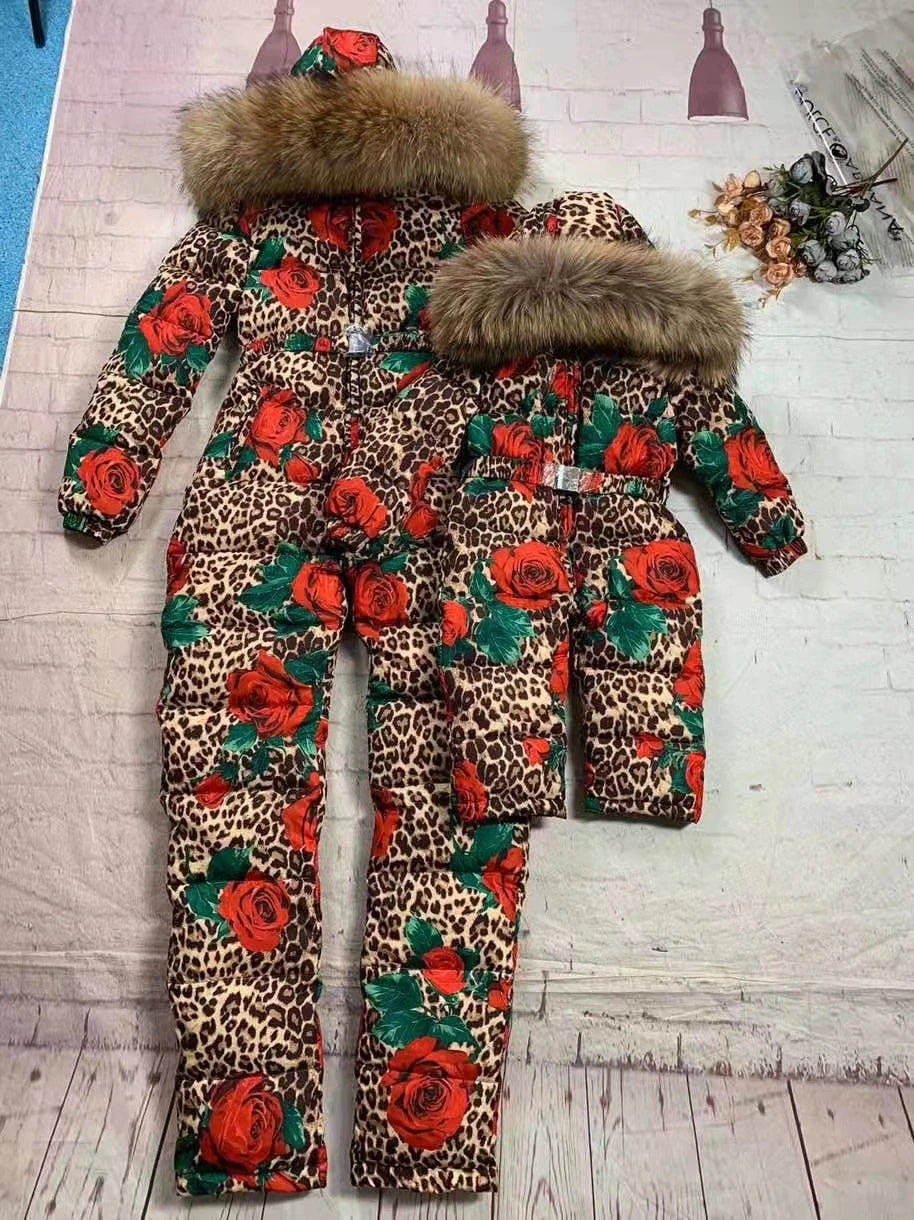 Family sets 2022 winter Outwear suit Family set monther and child raccoon fur hooded jumpsuit Women down suits outdoor ski suit2