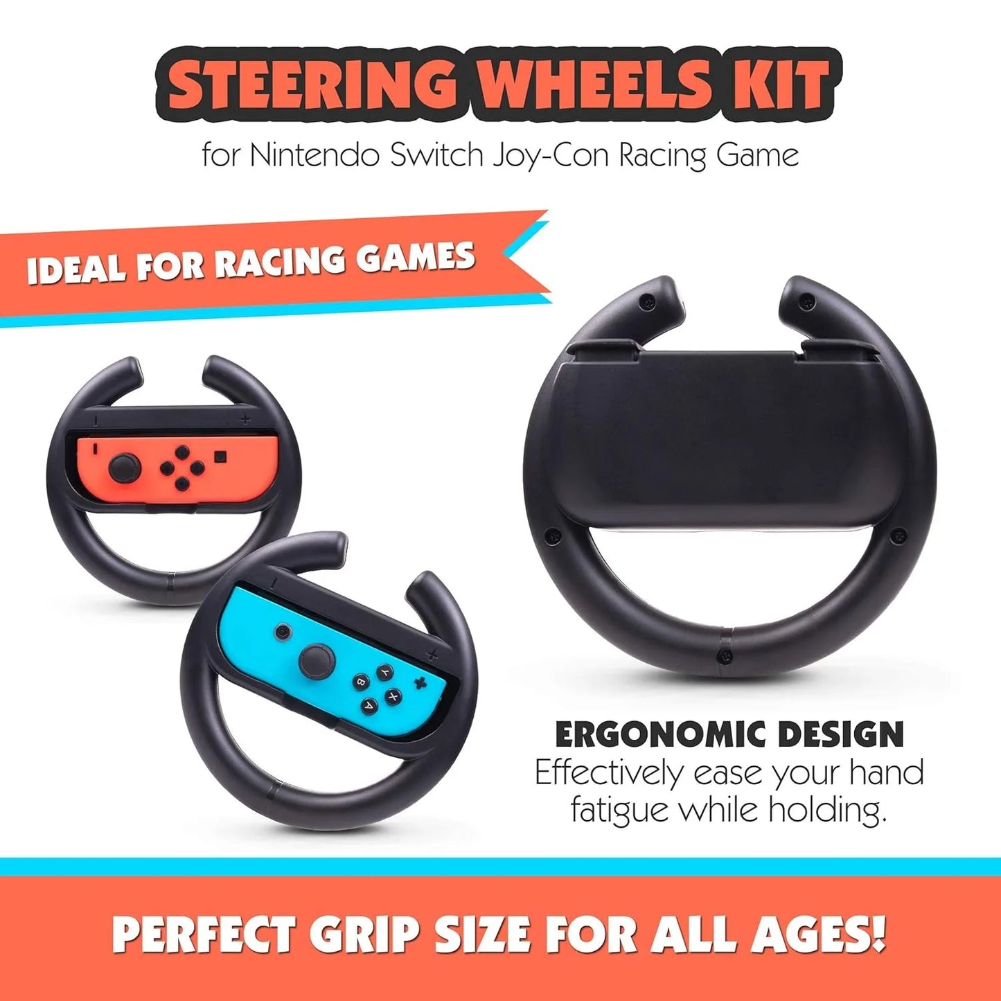 Nintendo Switch Racing Steering Wheels Grip for Joy-Con Controllers Steering Wheel for Mario Kart Set of 2