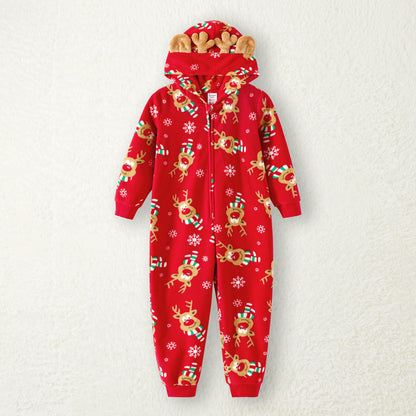 PatPat Christmas Family Matching Allover Deer Print 3D Antler Hooded Long-sleeve Red Thickened Polar Fleece Onesies Pajamas